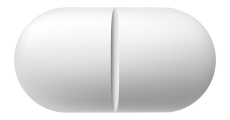 White pill dividing in half, creating a pronounced groove against a clean white background, representing themes of medicine, healthcare, and treatment solutions