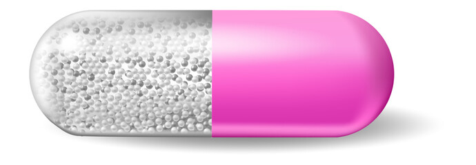 Pink and silver medicine capsule, filled with numerous small white spherical granules, rests on a white background, casting a soft shadow that highlights its detailed design