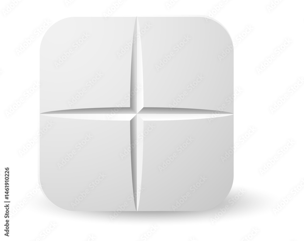Poster white rounded square divided into four parts forming a cross shape casting a subtle shadow on a clea