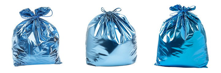 A set of blue trash bags with shiny finish and tightened drawcords Isolated on transparent Background