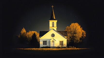 A small white church with a steeple and a cross on top