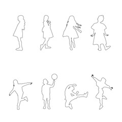 Set of linear vector drawings depicting people sitting in various poses