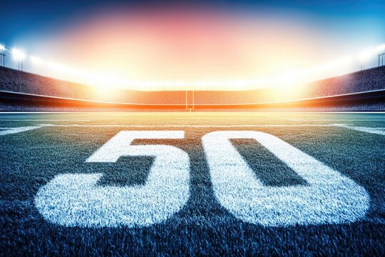 Empty football field at the 50-yard line, stadium lit by sunset - Powered by Adobe