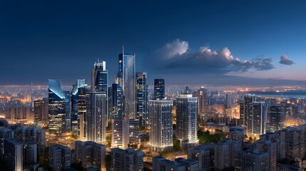 Naklejka premium Stunning Night View of Modern City Skyline with Illuminated Skyscrapers