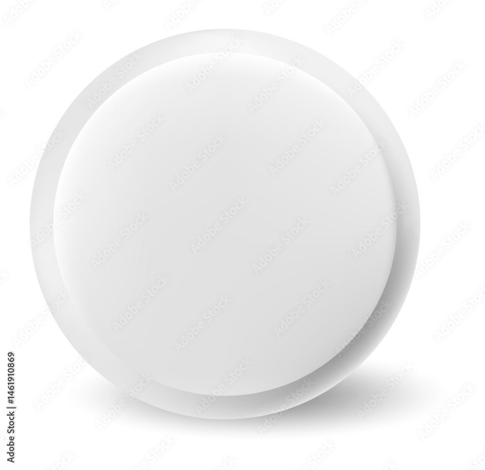 Poster white blank round button or badge casting a soft shadow on a clean white background, providing ample
