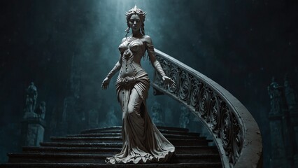 A statue of Feloris, standing atop stairs spiraling into unseen depths