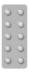 Blister pack containing ten round white pills arranged in two rows of five, encased in a sealed gray plastic packaging, designed for individual dispensing and safe storage of medication