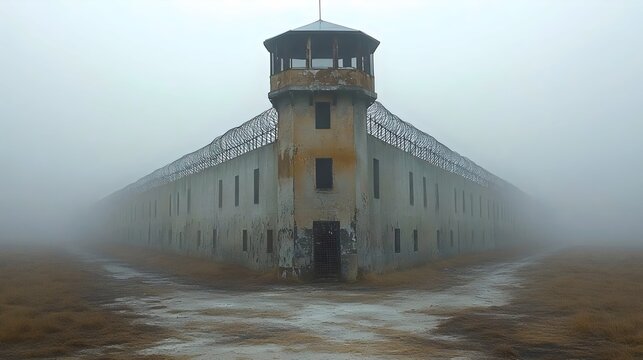 An aged prison with a guard tower amidst a heavy fog creates a chilling, atmospheric scene.