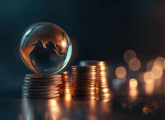 A glass globe rests on stacks of coins, symbolizing finance and global economy.