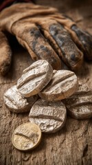 Obraz premium Close up of vintage coins and rustic glove on wooden surface