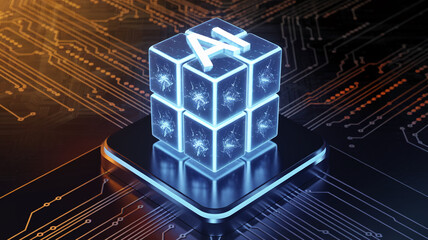 Glowing blue AI cube on dark circuit board, showcasing technological advancement and innovation, representing artificial intelligence, digital future, and technological progress