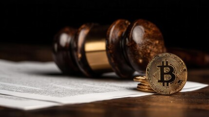 Cryptocurrency bitcoin coin with wooden gavel on document in low light