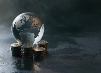 A glass globe rests on stacks of coins, symbolizing global finance and economy.