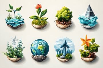 Colorful ecological icons on stone platforms.