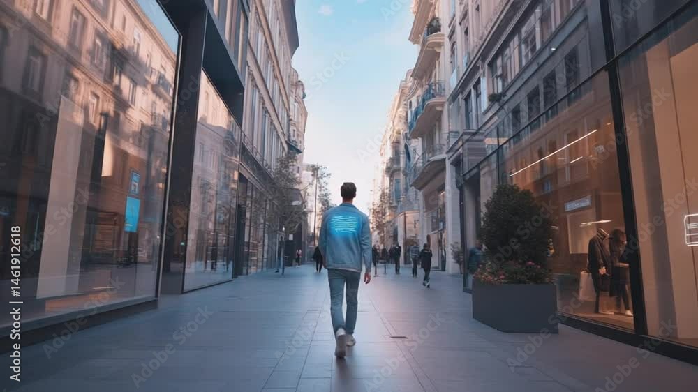 Aufkleber man walks in urban street with digital interface and advanced augmented reality visuals