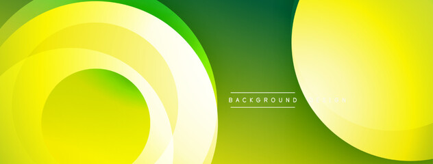 Abstract green yellow layers create dynamic circular design. Smooth gradients offer modern visual appeal. Simple, clean background.
