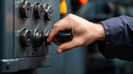Fototapeta premium Close up of hand operating lever on hydraulic press, showcasing precision and control