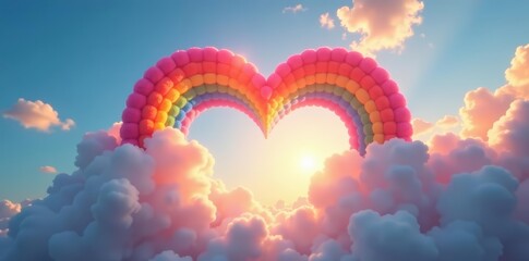 Vibrant heart-shaped rainbow in sky with fluffy clouds, weather, love, symbol