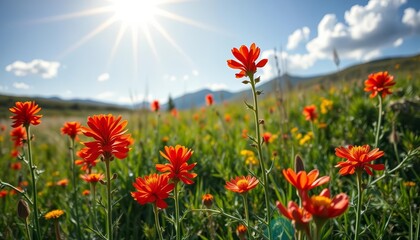 Vibrant Indian paintbrush wildflowers bloom in a sun-drenched Colorado meadow, flora, blossom