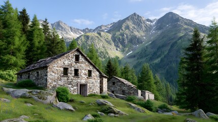 Majestic Mountain Stone Houses nestled in a serene alpine valley Picturesque landscape