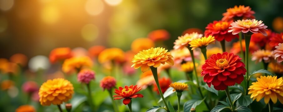 Vibrant mix of autumn flowers like marigolds, zinnias, and dahlias in a garden setting with warm sunlight, warm, marigolds, composition - Powered by Adobe