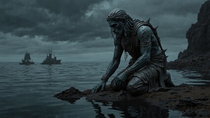 A statue of Remas, crouched on sunken isles, guiding lost mariners