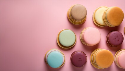 Obraz premium an artistic top down arrangement of colorful pancakes in various pastel shades placed on a soft pink background with copy space