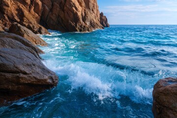 Ocean Wave Crashing on Rocky Shoreline Under Clear Blue Sky