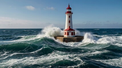 Waves hit the lighthouse in the middle of the sea