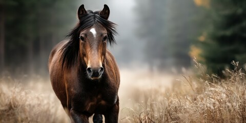 Fototapeta premium Majestic brown horse walking through foggy meadow in autumn forest at dawn with golden foliage