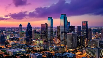 Dallas cityscape at dusk: A vibrant skyline under a colorful evening sky - Powered by Adobe