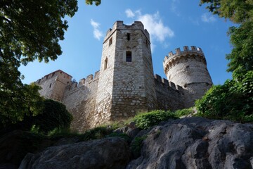 Fototapeta premium Exploring Historical Castle on Rocky Hillside Under Blue Sky Landscape