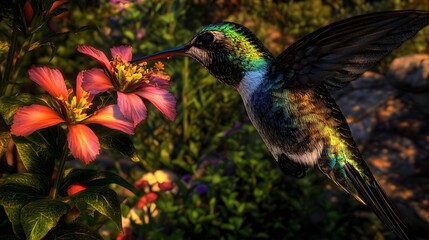 Obraz premium Vibrant hummingbird in flight near colorful blossoms.