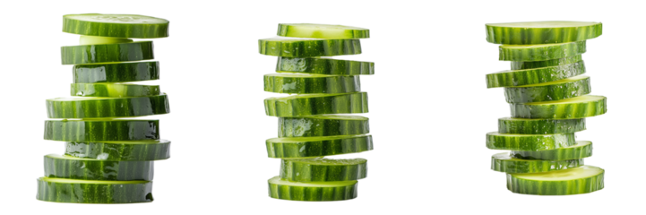A set of sliced cucumbers stacked with crisp green edges in top-down view. Isolated on transparent Background