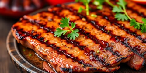 Grilled meat, parsley garnish, appetizing presentation, appetizing,  culinary arts