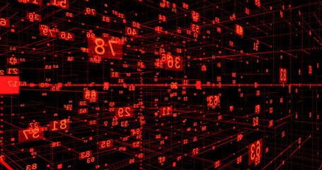 Cyberspace with chaotically moving numbers along red lines, zoom in. Animation, backdrop concept for business, AI, neural networks, market and finance.