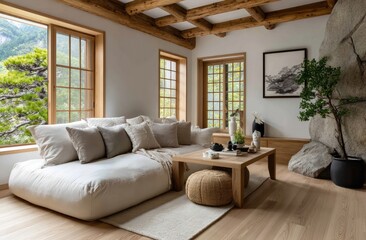An empty living room with white walls, wooden floors, and ceiling windows.