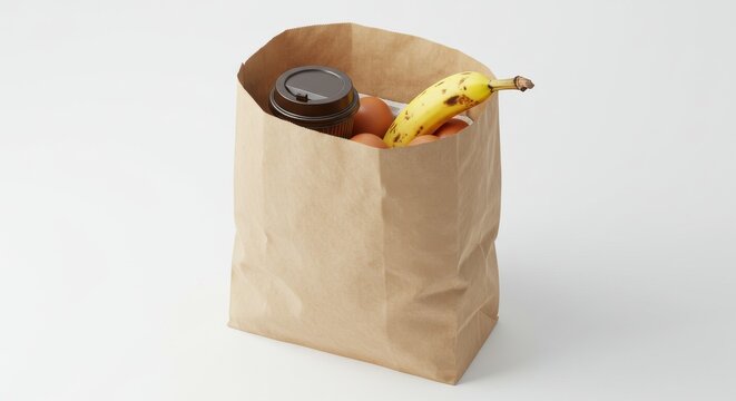 Grocery paper bag with visible coffee, eggs, banana, photorealistic, white backdrop