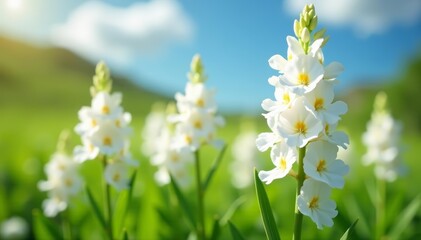 Group of white snapdragon blossoms on a sunny day, sunlight, beauty, flora