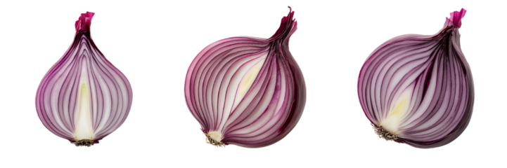 A set of red onion slices with detailed concentric rings and bold purple color. Isolated on transparent Background