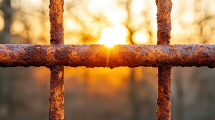 The sun's rays filter through rusted bars of an old fence, creating a mesmerizing effect that highlights nature's beauty and the decay of man-made structures.