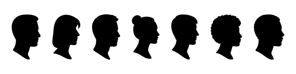A series of seven silhouetted human profiles depicting diverse hairstyles and facial features, representing various individuals. Vector illustration