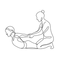 A minimalistic line drawing showing a Thai massage technique, with one person stretching and pulling the other’s body. Vector illustration