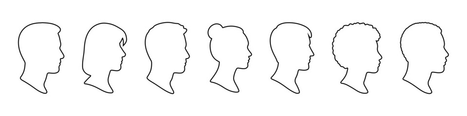A row of seven human profiles showing various hairstyles, from short to curly, representing diversity in appearance. Avatar icons.
Vector illustration.