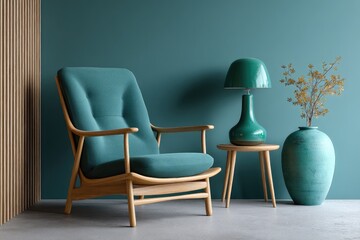 Minimalist interior design of a dark teal room with a wooden chair, a green lamp, and a side table near a wall painted in a turquoise color for a home decor magazine shoot