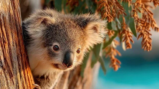 Baby koala peeking from tree