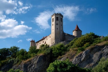 Exploring Ancient Castle Rising Above Green Hill Against a Blue Sky