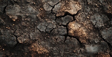 Close-up view of cracked, dry earth.  Dark brown and light brown, textured surface with deep fissures
