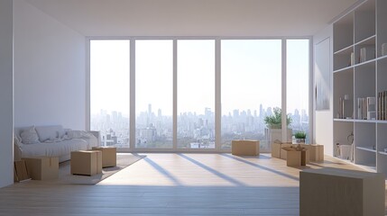 Modern, minimalist interior with city view and moving boxes.