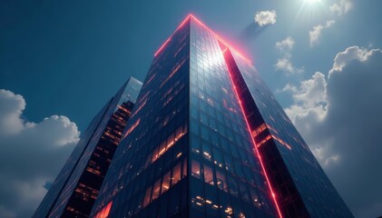 Modern high-rise office building with glowing network lines, connection, technology, digital